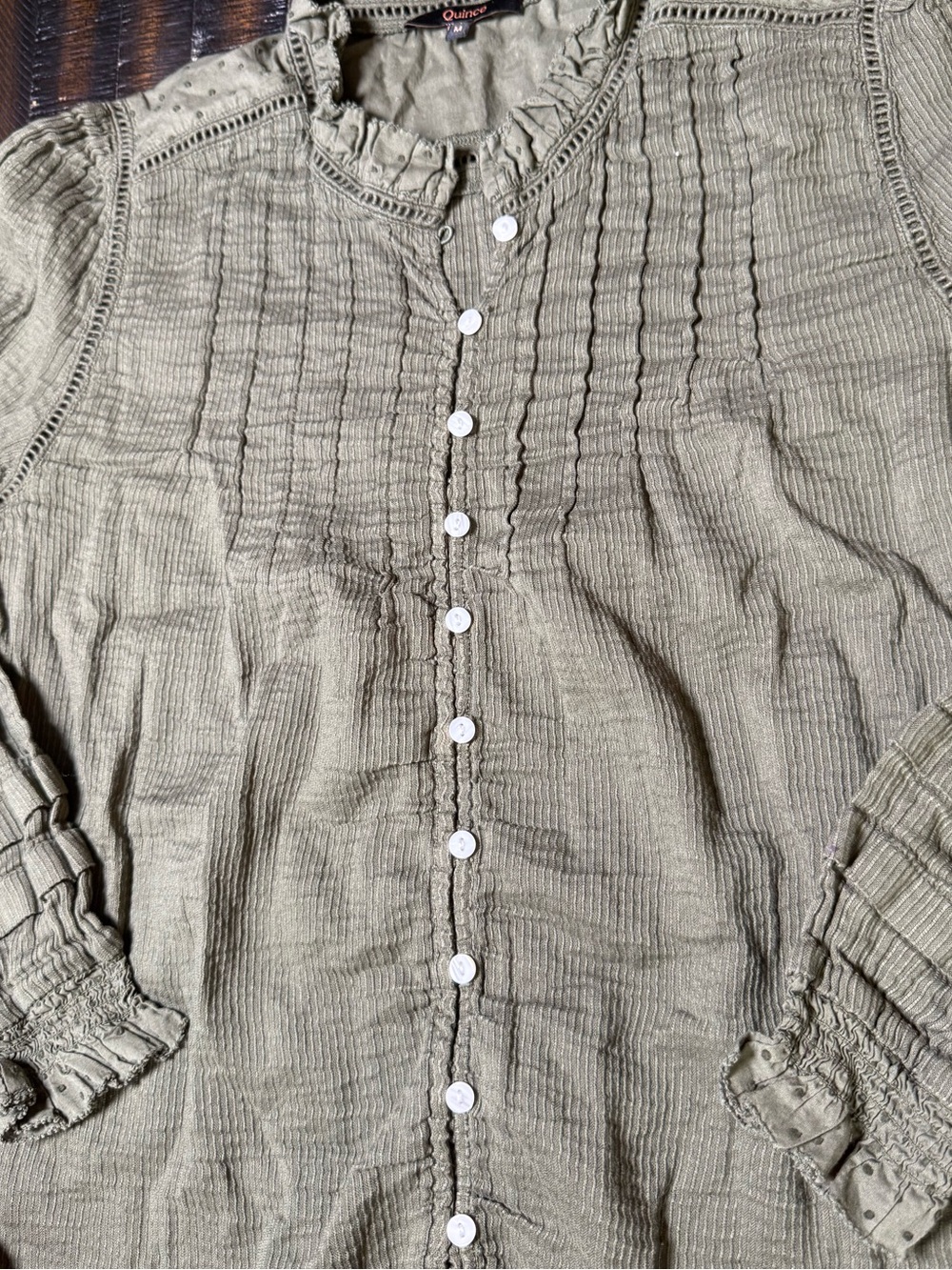 Quince Organic Textured Cotton Peasant Blouse Caper Green Ruffle Button Front Me - Picture 6 of 14